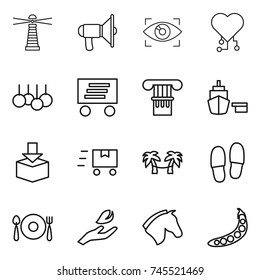 thin line icon set : lighthouse, loudspeaker, eye identity, cardio chip, sale, delivery, column, port, package, fast deliver, palm hammock, slippers, fork spoon plate, hand leaf, horse, peas