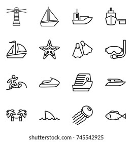 thin line icon set : lighthouse, boat, sea shipping, port, sail, starfish, flippers, diving mask, surfer, jet ski, cruise ship, yacht, palm hammock, shark flipper, jellyfish, fish