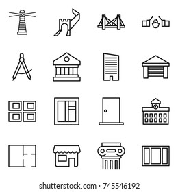 thin line icon set : lighthouse, greate wall, bridge, drawbridge, draw compass, library, skyscraper, garage, panel house, window, door, university, plan, shop, antique column