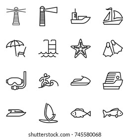 thin line icon set : lighthouse, sea shipping, sail boat, lounger, pool, starfish, flippers, diving mask, surfer, jet ski, cruise ship, yacht, windsurfing, fish