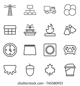 thin line icon set : lighthouse, hierarchy, truck, atom core, market, fountain, flammable, flippers, watch, curtain, ring button, pretzel, udder, acorn, maple leaf, foam bucket