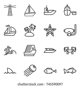 thin line icon set : lighthouse, boat, sea shipping, port, sail, island, starfish, diving mask, surfer, cruise ship, yacht, palm hammock, shark flipper, jellyfish, fish