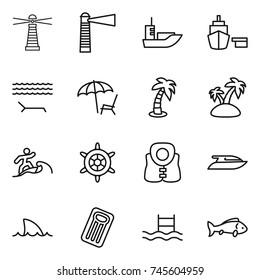 thin line icon set : lighthouse, sea shipping, port, lounger, palm, island, surfer, handwheel, life vest, yacht, shark flipper, inflatable mattress, pool, fish