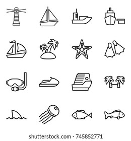 thin line icon set : lighthouse, boat, sea shipping, port, sail, island, starfish, flippers, diving mask, jet ski, cruise ship, palm hammock, shark flipper, jellyfish, fish