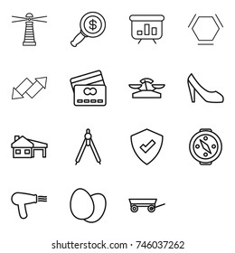 thin line icon set : lighthouse, dollar magnifier, presentation, hex molecule, up down arrow, credit card, scales, shoes, house with garage, drawing compasses, protected, compass, hair dryer, eggs