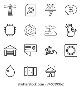 thin line icon set : lighthouse, search document, 24 7, money message, chip, around gear, weather management, cleanser, garage, location details, surfer, ring button, drop, clean window