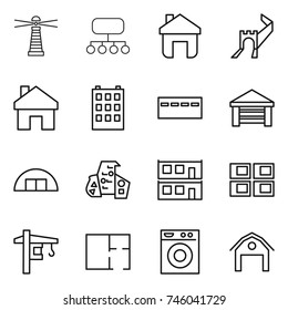 thin line icon set : lighthouse, structure, home, greate wall, building, bunker, garage, hangare, modern architecture, modular house, panel, tower crane, plan, washing machine, barn