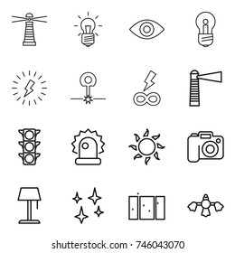thin line icon set : lighthouse, bulb, eye, lightning, laser, infinity power, traffic light, alarm, sun, camera, floor lamp, shining, clean window, hard reach place cleaning