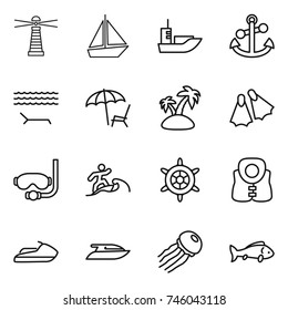thin line icon set : lighthouse, boat, sea shipping, anchor, lounger, island, flippers, diving mask, surfer, handwheel, life vest, jet ski, yacht, jellyfish, fish