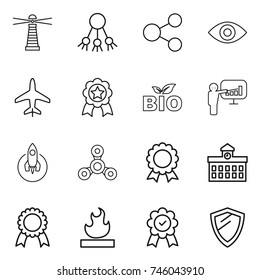 thin line icon set : lighthouse, share, eye, plane, medal, bio, presentation, rocket, spinner, university, flammable, shield
