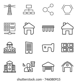 thin line icon set : lighthouse, hierarchy, molecule, hex, server, home, bridge, mansion, skyscraper, slum, panel house, building, architector, garage, barn