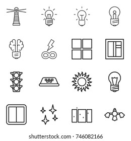 thin line icon set : lighthouse, bulb, brain, infinity power, window, traffic light, taxi, sun, switch, shining, clean, hard reach place cleaning