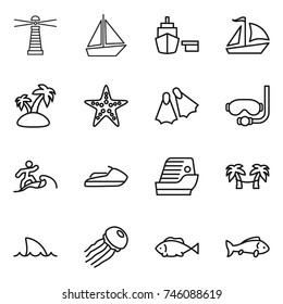 thin line icon set : lighthouse, boat, port, sail, island, starfish, flippers, diving mask, surfer, jet ski, cruise ship, palm hammock, shark flipper, jellyfish, fish