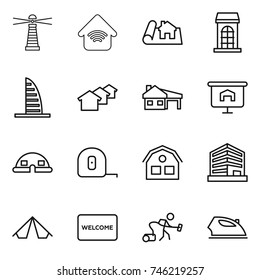 thin line icon set : lighthouse, wireless home, project, building, skyscraper, houses, house with garage, presentation, dome, measuring tape, office, tent, welcome mat, vacuum cleaner, iron