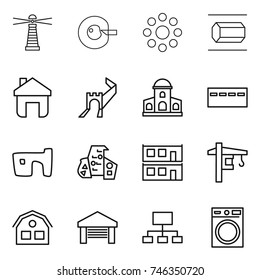 thin line icon set : lighthouse, cell corection, round around, nano tube, home, greate wall, mansion, bunker, slum, modern architecture, modular house, tower crane, garage, hierarchy