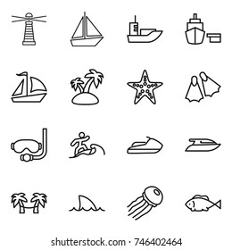 thin line icon set : lighthouse, boat, sea shipping, port, sail, island, starfish, flippers, diving mask, surfer, jet ski, yacht, palm hammock, shark flipper, jellyfish, fish