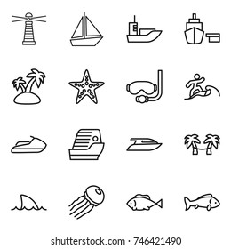 thin line icon set : lighthouse, boat, sea shipping, port, island, starfish, diving mask, surfer, jet ski, cruise ship, yacht, palm hammock, shark flipper, jellyfish, fish
