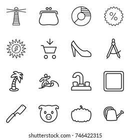 thin line icon set : lighthouse, purse, circle diagram, percent, sun power, add to cart, shoes, draw compass, palm, surfer, water tap, cutting board, chef knife, pig, pumpkin, watering can