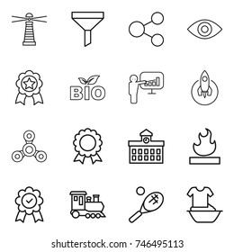 thin line icon set : lighthouse, funnel, share, eye, medal, bio, presentation, rocket, spinner, university, flammable, train, tennis, handle washing