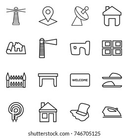 thin line icon set : lighthouse, pointer, satellite antenna, home, project, slum, panel house, gothic architecture, table, welcome mat, slippers, elecric oven, floor washing, iron
