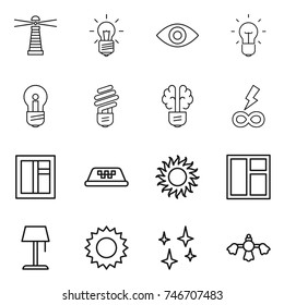 thin line icon set : lighthouse, bulb, eye, brain, infinity power, window, taxi, sun, floor lamp, shining, hard reach place cleaning