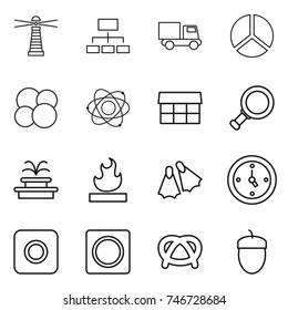 thin line icon set : lighthouse, hierarchy, truck, diagram, atom core, market, magnifier, fountain, flammable, flippers, watch, ring button, pretzel, acorn