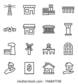 thin line icon set : lighthouse, shop, store, bridge, drawbridge, airport building, tower, factory, windmill, fort, arch window, real estate, tax, home, housing