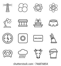 thin line icon set : lighthouse, atom core, table lamp, market, fountain, stadium, watch, ring button, welcome mat, knife holder, pretzel, rain cloud, cow, foam bucket