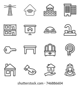 conjunto de iconos de línea delgada: faro, hogar inalámbrico, cabaña, casas, casa modular, presentación, cúpula, grifo de agua, llave, mesa, vestidor, horno eléctrico, limpiador, carcasa, limpiador