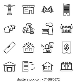 thin line icon set : lighthouse, shop, bridge, skyscraper, houses, modern architecture, factory, gothic, level, house, architector, tax, warehouse, hotel, home, grain elevator