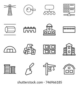 thin line icon set : lighthouse, cell corection, structure, server, nano tube, bridge, mansion, bunker, hangare, modern architecture, panel house, building, district, construction, tower crane