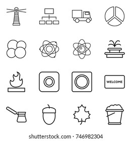 thin line icon set : lighthouse, hierarchy, truck, diagram, atom core, fountain, flammable, ring button, welcome mat, turk, acorn, maple leaf, foam bucket