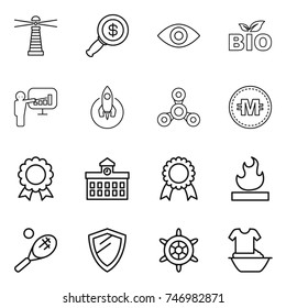 thin line icon set : lighthouse, dollar magnifier, eye, bio, presentation, rocket, spinner, crypto currency, medal, university, flammable, tennis, shield, handwheel, handle washing