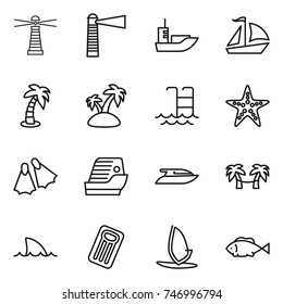 thin line icon set : lighthouse, sea shipping, sail boat, palm, island, pool, starfish, flippers, cruise ship, yacht, hammock, shark flipper, inflatable mattress, windsurfing, fish