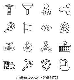 thin line icon set : lighthouse, funnel, share, dollar magnifier, flag, eye, medal, bio, rocket, spinner, university, train, tennis, shield, handle washing
