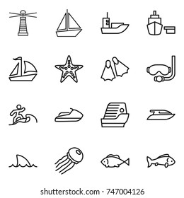 thin line icon set : lighthouse, boat, sea shipping, port, sail, starfish, flippers, diving mask, surfer, jet ski, cruise ship, yacht, shark flipper, jellyfish, fish