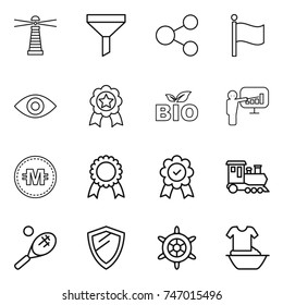 thin line icon set : lighthouse, funnel, share, flag, eye, medal, bio, presentation, crypto currency, train, tennis, shield, handwheel, handle washing