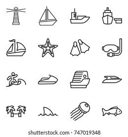 thin line icon set : lighthouse, boat, sea shipping, port, sail, starfish, flippers, diving mask, surfer, jet ski, cruise ship, yacht, palm hammock, shark flipper, jellyfish, fish