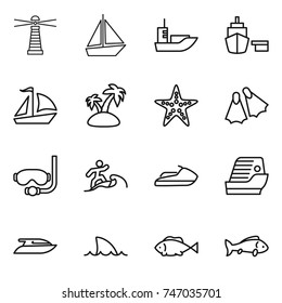 thin line icon set : lighthouse, boat, sea shipping, port, sail, island, starfish, flippers, diving mask, surfer, jet ski, cruise ship, yacht, shark flipper, fish