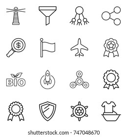 thin line icon set : lighthouse, funnel, share, dollar magnifier, flag, plane, medal, bio, rocket, spinner, shield, handwheel, handle washing