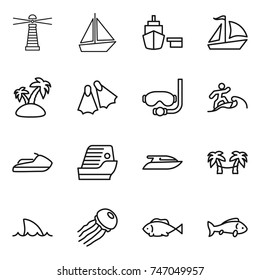 thin line icon set : lighthouse, boat, port, sail, island, flippers, diving mask, surfer, jet ski, cruise ship, yacht, palm hammock, shark flipper, jellyfish, fish