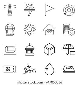 thin line icon set : lighthouse, 24 7, flag, around gear, notebook globe, round, wireless home, virtual mining, nano tube, goverment house, 3d, insurance, ticket, surfer, drop, iron