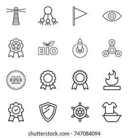 thin line icon set : lighthouse, share, flag, eye, medal, bio, rocket, spinner, crypto currency, flammable, shield, handwheel, handle washing