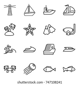 thin line icon set : lighthouse, boat, sea shipping, sail, island, starfish, flippers, diving mask, surfer, jet ski, cruise ship, yacht, palm hammock, jellyfish, fish