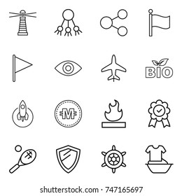 thin line icon set : lighthouse, share, flag, eye, plane, bio, rocket, crypto currency, flammable, medal, tennis, shield, handwheel, handle washing