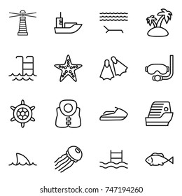 thin line icon set : lighthouse, sea shipping, lounger, island, pool, starfish, flippers, diving mask, handwheel, life vest, jet ski, cruise ship, shark flipper, jellyfish, fish