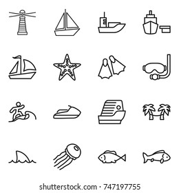 thin line icon set : lighthouse, boat, sea shipping, port, sail, starfish, flippers, diving mask, surfer, jet ski, cruise ship, palm hammock, shark flipper, jellyfish, fish