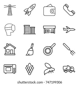 thin line icon set : lighthouse, rocket, wallet, phone, virtual mask, district, gas station, plane, home, broom, pan, big fork, grill oven, grape, wasp, call cleaning