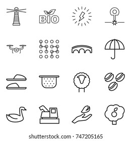 thin line icon set : lighthouse, bio, lightning, laser, chip, bridge, dry cargo, slippers, colander, sheep, coffee seeds, goose, harvester, hand leaf, garden