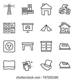 thin line icon set : lighthouse, store, home, modern architecture, modular house, presentation, tent, power socket, table, chest of drawers, iron, sponge, wiping, floor washing